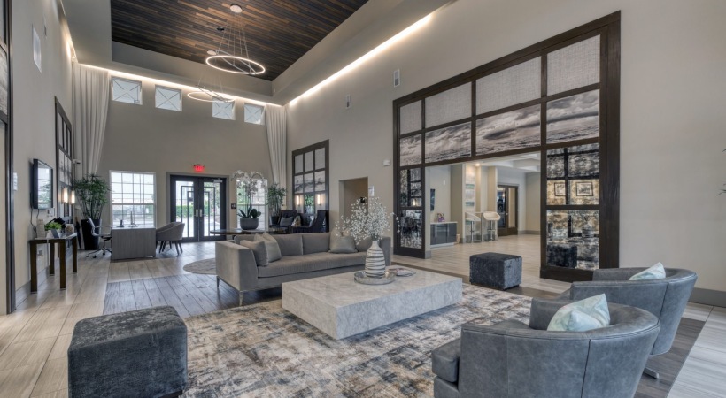 a spacious lobby and sitting area